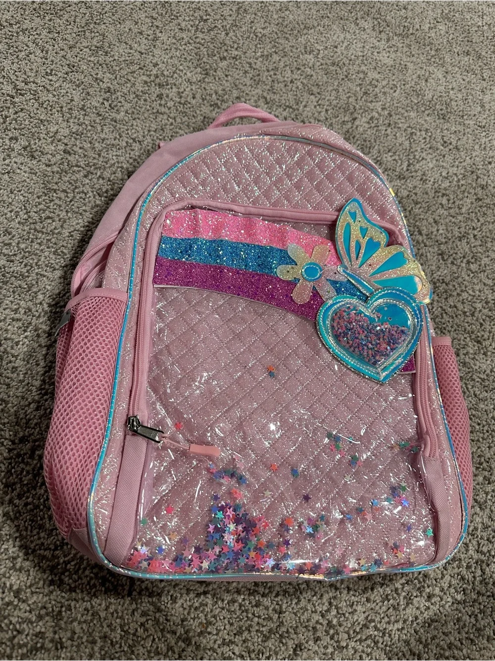 Girls' Pink Glitter Heart & Butterfly Backpack with Rainbow Sequin Accent